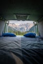View from bed in camper van to Kamnik-Savinja Alps