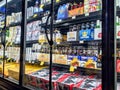 View of beer fridge inside Uwajimaya Asian Grocery store, filled with imported alcohol and local brews