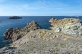 View from Beg er Vachif peninsula in west of Houat island in French Brittany. Guric islet is at left background Royalty Free Stock Photo