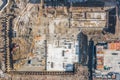 View of the beginning of the construction of the house, laying the foundation. Construction crane. View from above exactly