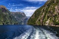 View behind the cruise ferry in Milford Sound, New Zealand Royalty Free Stock Photo