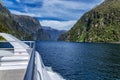 View behind the cruise ferry in Milford Sound, South Island New Zealand Royalty Free Stock Photo