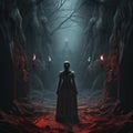 view from behind a silhouette of a woma nin a dress walking in a cold dark cavern with red glow