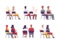 View from behind of sitting people. Male and female students sitting on chairs in row cartoon vector illustration Royalty Free Stock Photo
