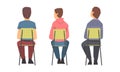 View from behind of young men sitting in chairs in row, students listening lecture, conference participants cartoon Royalty Free Stock Photo