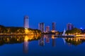 View of Beira Lake in Colombo, Sri Lanka with buddhist temple