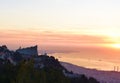 View of Beirut and lebanese Mediterranean coast from Mount Lebanon and Harissa modern maronite sanctuary in foreground