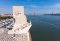 View of Belem district, civil parish of the municipality of Lisbon, Portugal, with Monument to the Discoveries and 25th of April B Royalty Free Stock Photo