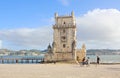 View of Belem Tower, Tagus River with travellers, Lisbon,Portugal