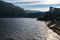 View of the Belesar Reservoir and dam with hydroelectric power plant Royalty Free Stock Photo