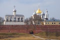 View of the belfry and the domes of Hagia Sophia. Veliky Novgorod, Russia