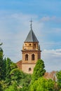 Granada, Andalusia, Spain The view of the bell tower of the Alhambra from the Generalife Garden is close. UNESCO heritage site. Royalty Free Stock Photo