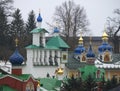 View of the bell tower and domes of the Holy assumption monastery. Pechora Royalty Free Stock Photo