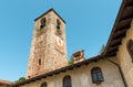 View of the bell tower of the Parish Museum of the Abbey of Saint Gemolo in Ganna, Valganna, province of Varese, Italy