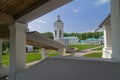 View of the bell tower from the porch of an orthodox church. Royalty Free Stock Photo