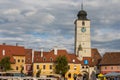 View of the bell tower of the Roman Catholic Church of the Holy Trinity in the city of Sibiu. Transylvania. Romania