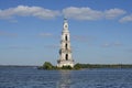 View of the bell tower of St. Nicholas Cathedral in the Uglich reservoir. Kalyazin