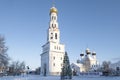 View of the bell tower of the temple complex in Zavidovo on a frosty January day. Tver region Royalty Free Stock Photo