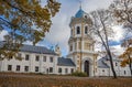 View of the bell tower and the temple of the Konevsky Nativity-Bogoroditsky Monastery on Lake Ladoga Royalty Free Stock Photo