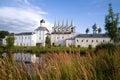 View of the bell tower of the Tikhvin Uspensky monastery. Leningrad Region, Russia Royalty Free Stock Photo