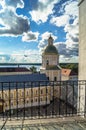 View from the bell tower towards the Gate Church of the St. Apostles Peter and Paul in the Nilov Monastery, Russia.