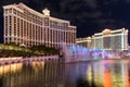 View of Bellagio and Caesars Palace hotels and casino at night with fountain's show, LAS VEGAS, USA