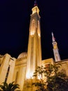 View from below on the Emir Abdelkader Mosque at night with it& x27;s arches, and minaret. Constantine, Algeria Royalty Free Stock Photo