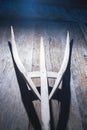 view from below of old wooden pitchfork Royalty Free Stock Photo