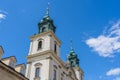 View from below the towers of the Church of the Holy Cross in Warsaw