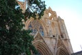 View from below through the trees on the facade of the Lala Mustafa Pasha Mosque former St. Nicholas Cathedral. Famagusta. Royalty Free Stock Photo