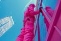 View from below of a window cleaner in bright pink protective suit wiping the glass facade of a high-rise office Royalty Free Stock Photo