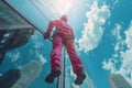 View from below of a window cleaner in bright pink protective suit wiping the glass facade of a high-rise office Royalty Free Stock Photo