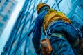 View from below of a window cleaner working on the facade of a high-rise office building. Industrial alpinism Royalty Free Stock Photo