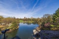 View from Belvedere Castle overlooking the lake in Central Park, with people relaxing on the green lawns in early spring. Royalty Free Stock Photo
