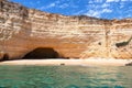 View of Benagil cliffs and Caves from the Sea Side. Beautiful Natural Sea grottes with emerald water and little beaches in the