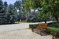 View of the benches in 28 Panfilov city park in Almaty,