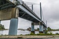 A view beneath the road bridge across the Sitka channel in Sitka, Alaska