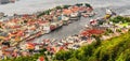 View on Bergen and harbor from the mountain Floyen top. Royalty Free Stock Photo