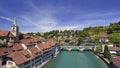 View of the Bern old city center and Nydeggbrucke bridge over river Aare, Bern Royalty Free Stock Photo