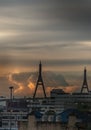 View of Bhumibol suspension bridge cross over Chao Phraya River in Bangkok city Royalty Free Stock Photo