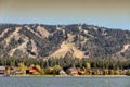 Summer view of Big Bear lake in southern California  and snowless ski slopes. Royalty Free Stock Photo