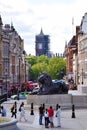 View of Big Ben and lion statue, Trafalgar Square, London Royalty Free Stock Photo