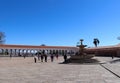 View of big colonial square with a classic water font