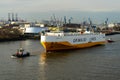 View of a big container ship in the port of Hamburg