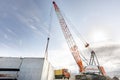 View of the big crawler crane is working in the consruction field. Royalty Free Stock Photo