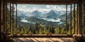 view from big french window at a wonderful landscape nature view with mountain,lake, forest and blue sky Royalty Free Stock Photo