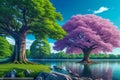 View of big green and pink trees near lake