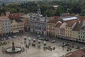 View from big old historic tower in cloudy day in Ceske Budejovice CZ 09 19 2023