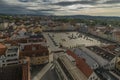 View from big old historic tower in cloudy day in Ceske Budejovice CZ 09 19 2023