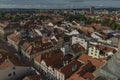 View from big old historic tower in cloudy day in Ceske Budejovice CZ 09 19 2023